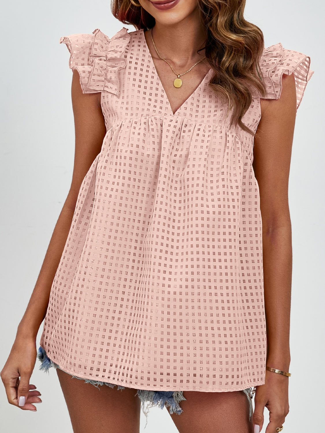 Ruched V-Neck Cap Sleeve Blouse